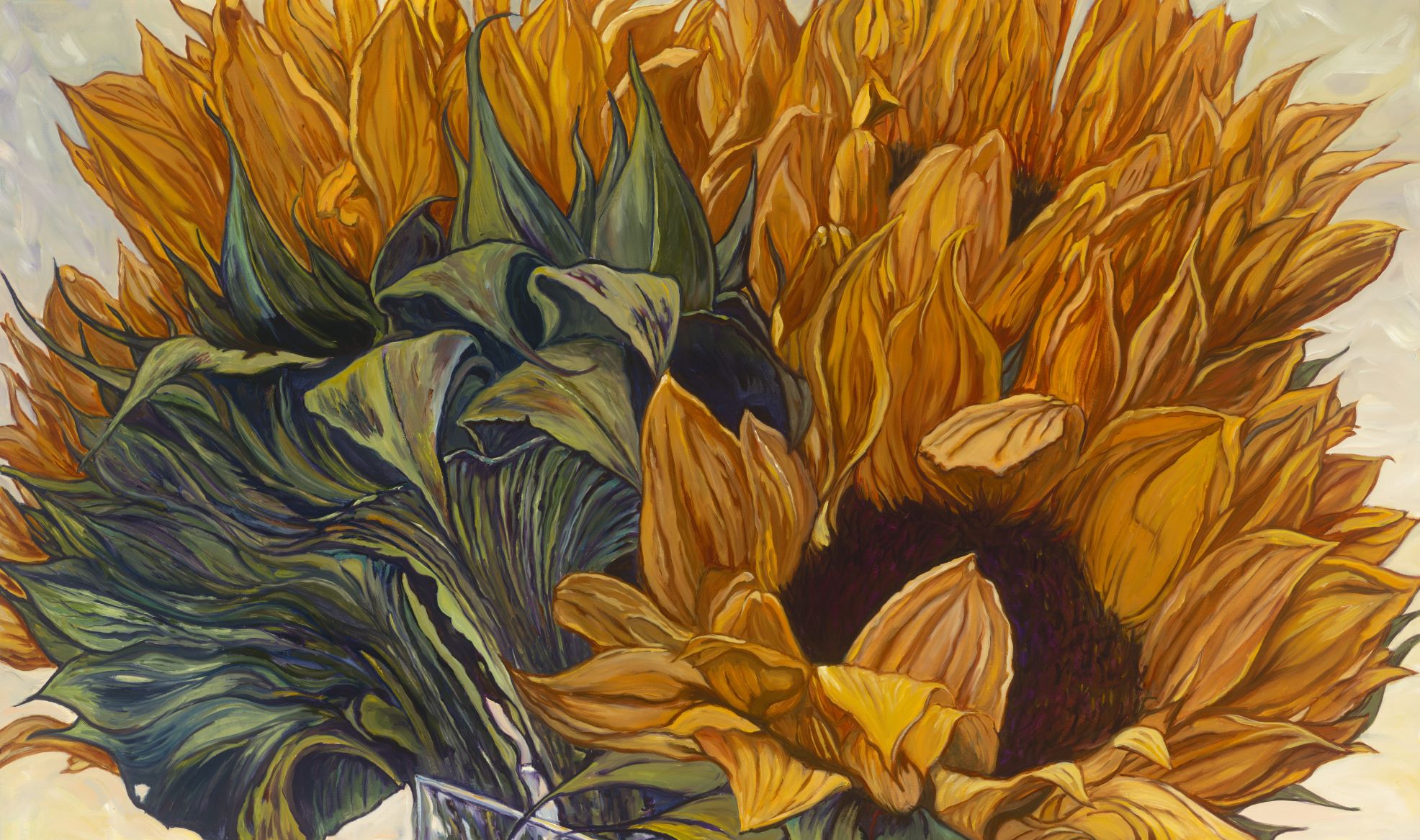 Vibrant sunflowers with lush green leaves.