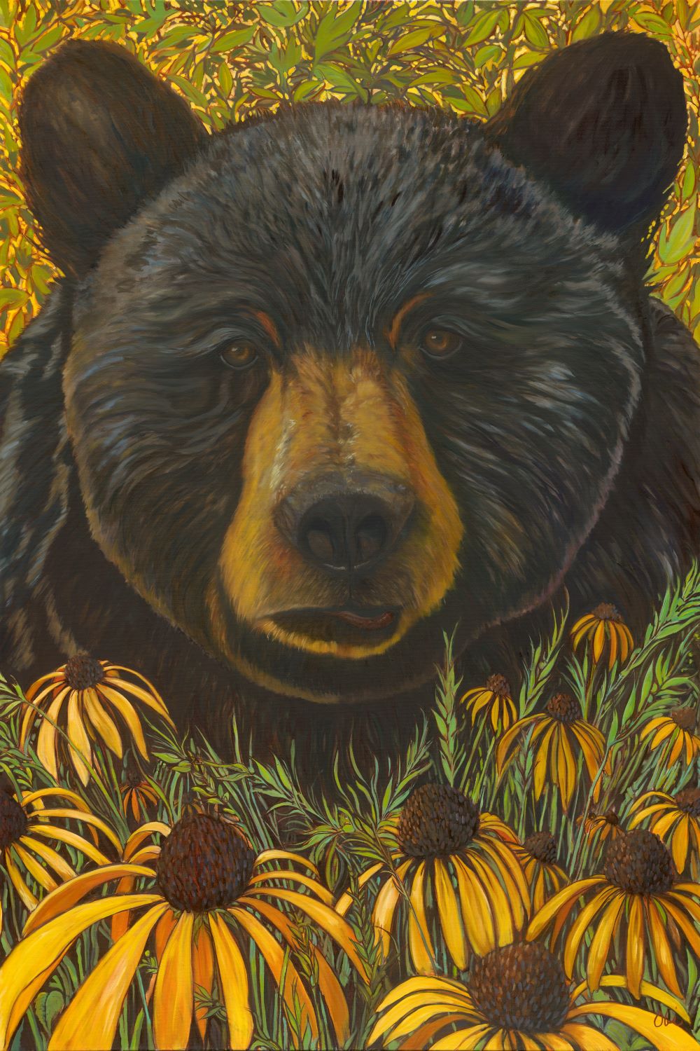 Bear among vibrant yellow flowers painting.