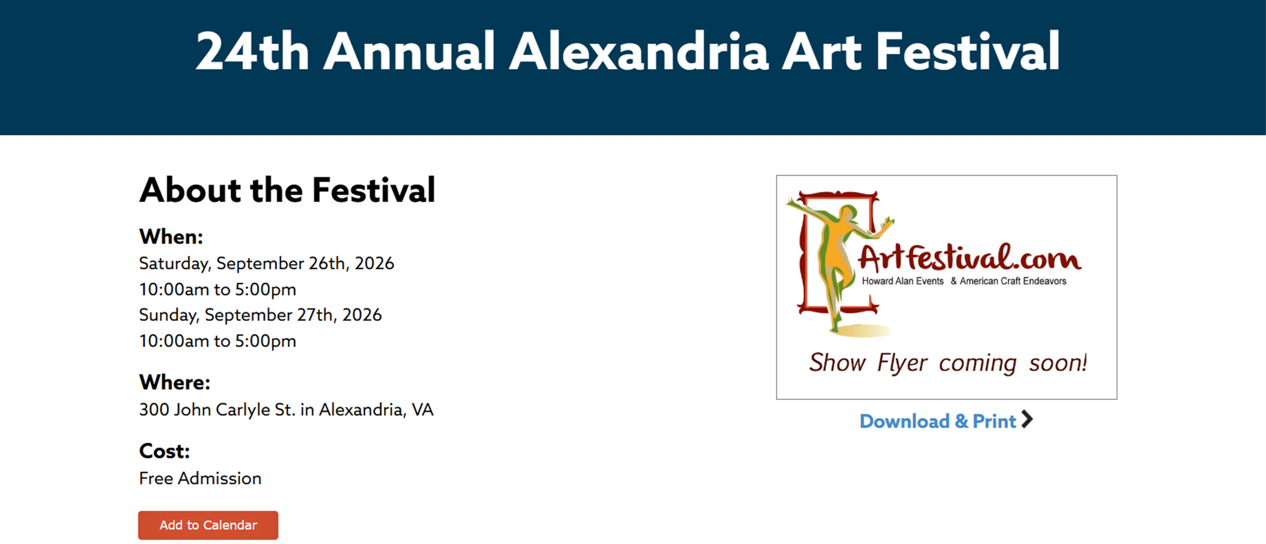 Alexandria Art Festival details and flyer
