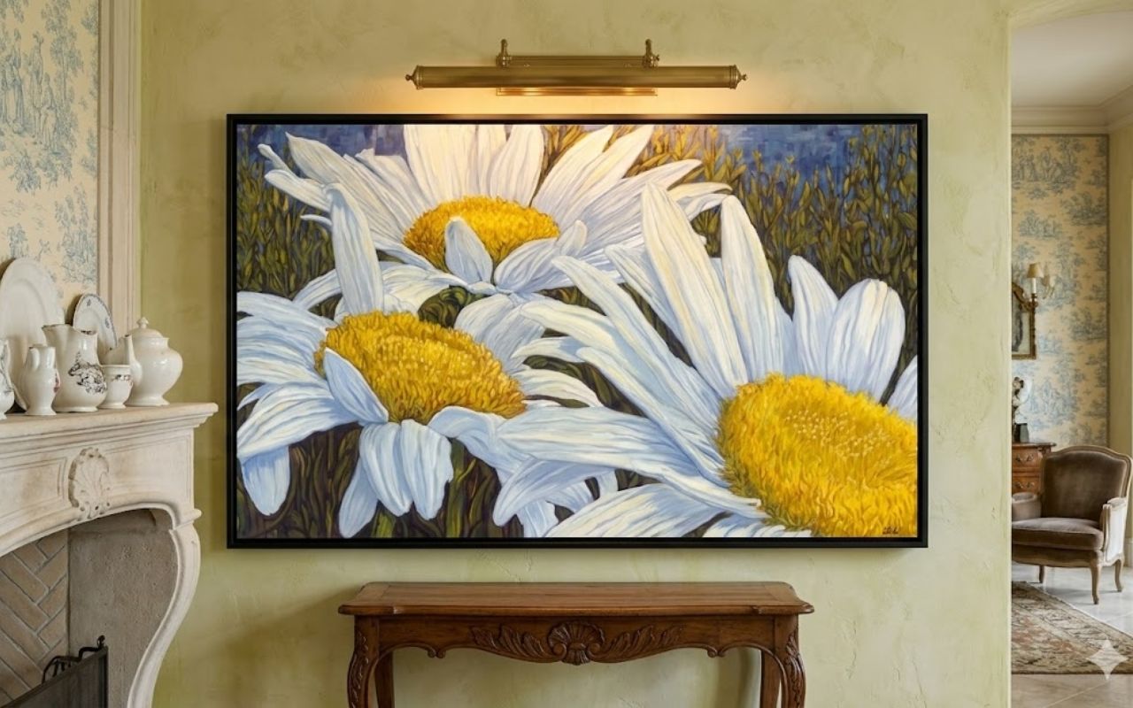 A vibrant painting of white daisies with yellow centers on a wall above a wooden table.