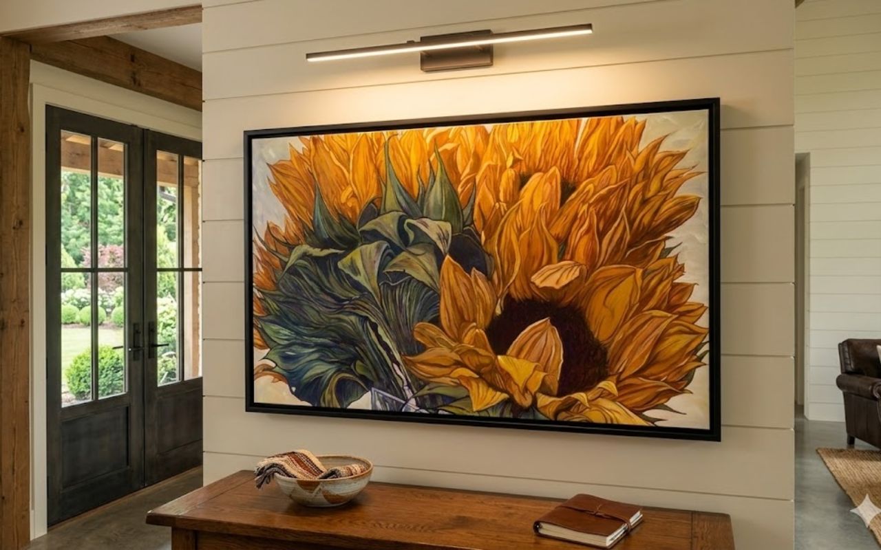 Large sunflower painting with vibrant yellow petals in a cozy room.