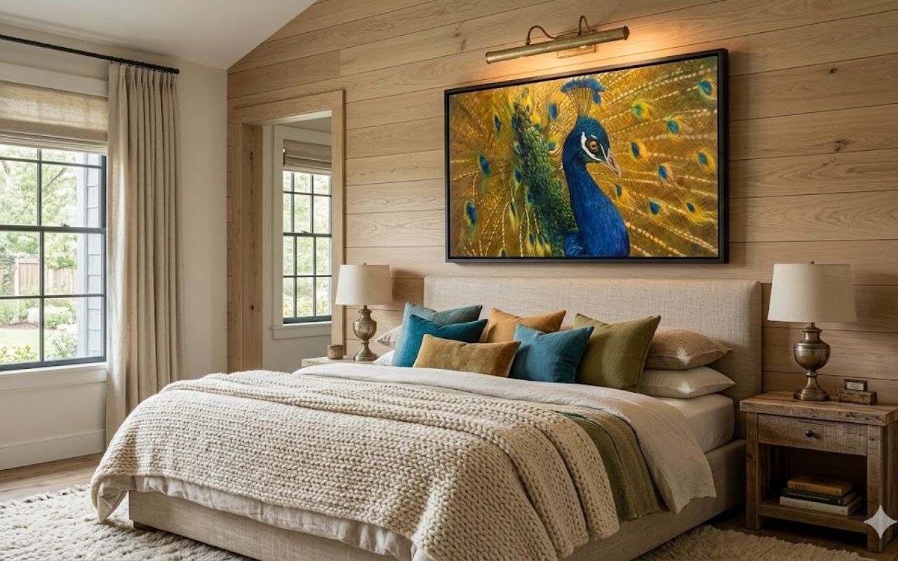 Cozy bedroom with a peacock painting and neutral tones.