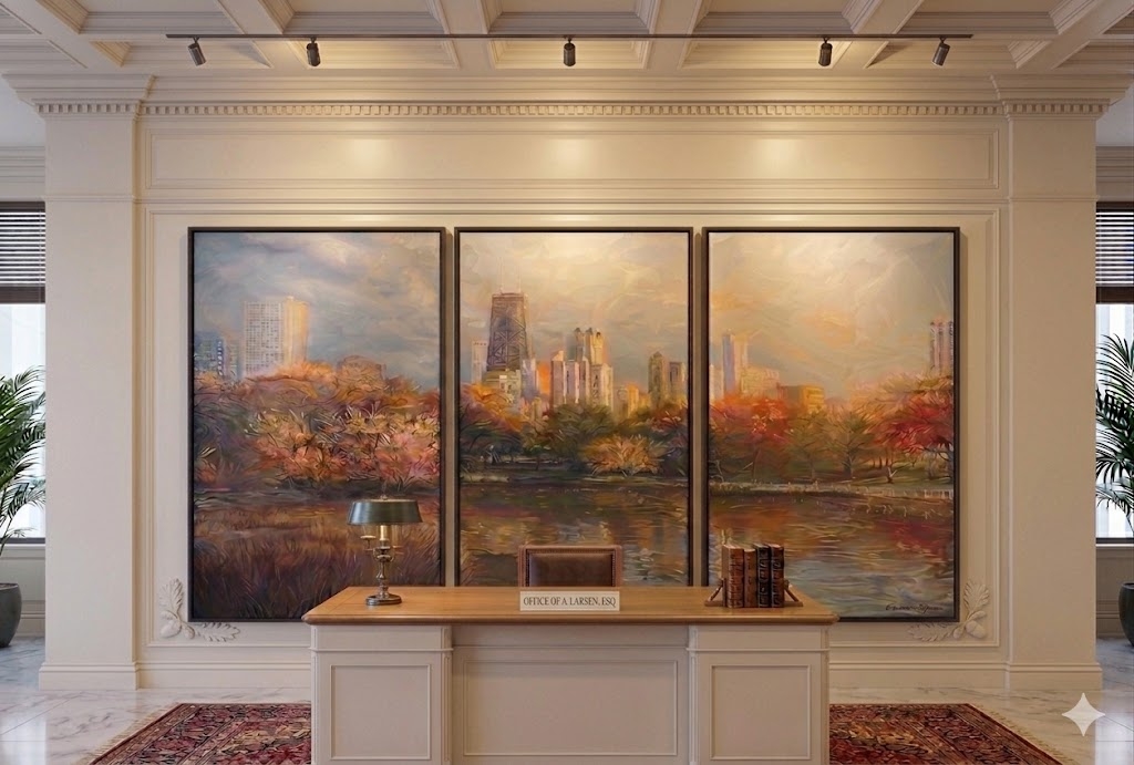 Three large abstract cityscape paintings hang above a white desk in a gallery.