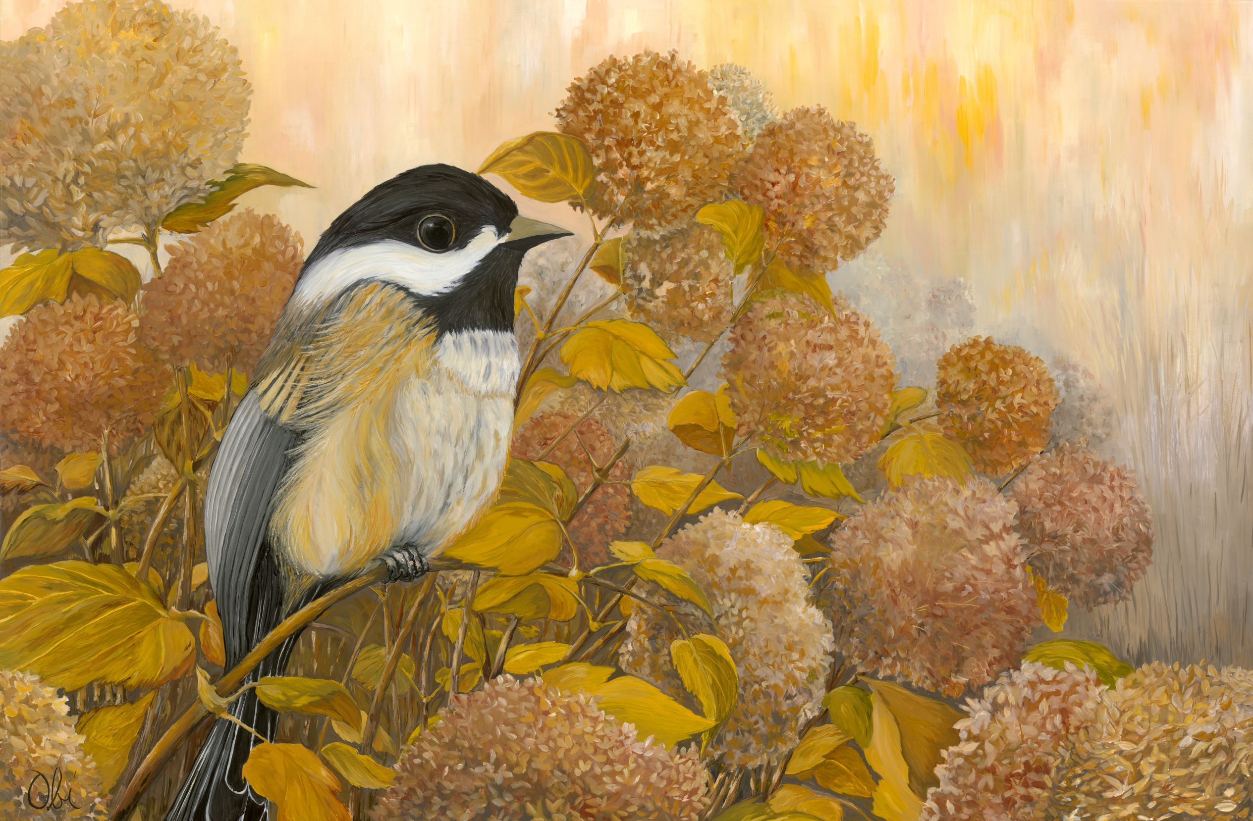 Bird perched among autumnal flowers.