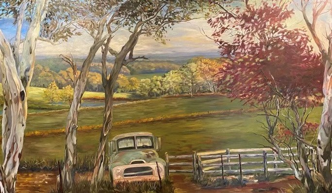 Landscape painting with truck and trees.