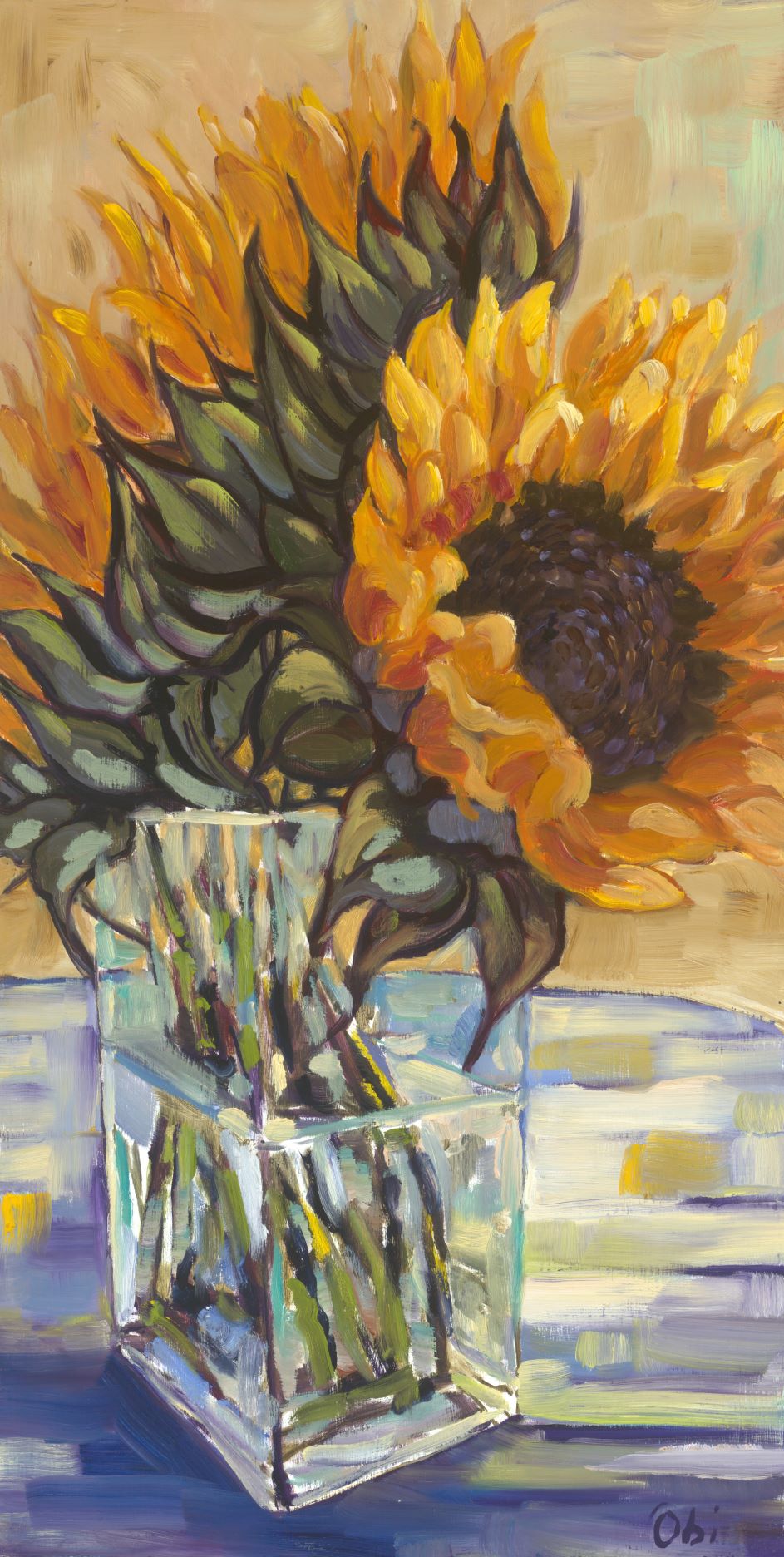 Sunflowers in a glass vase painting.