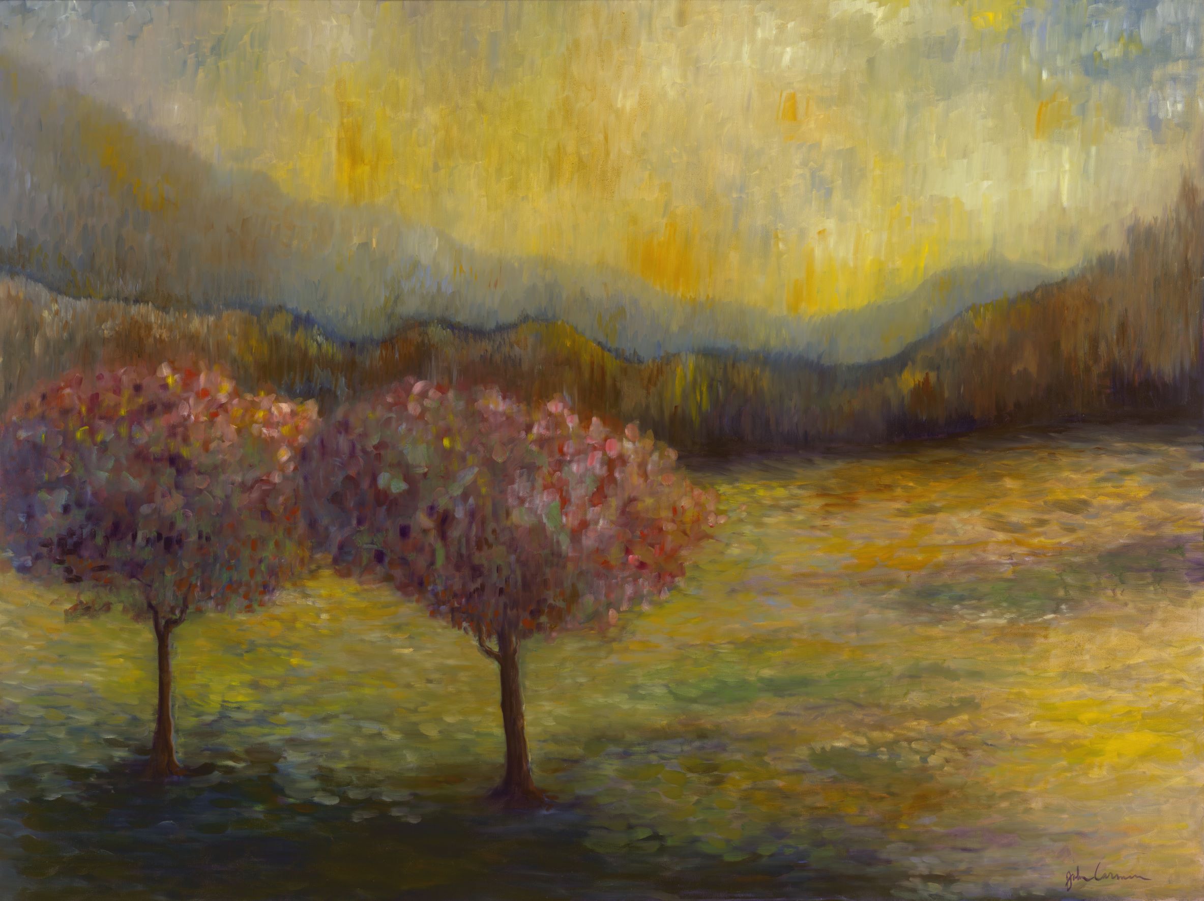 Two trees in a colorful, serene landscape.