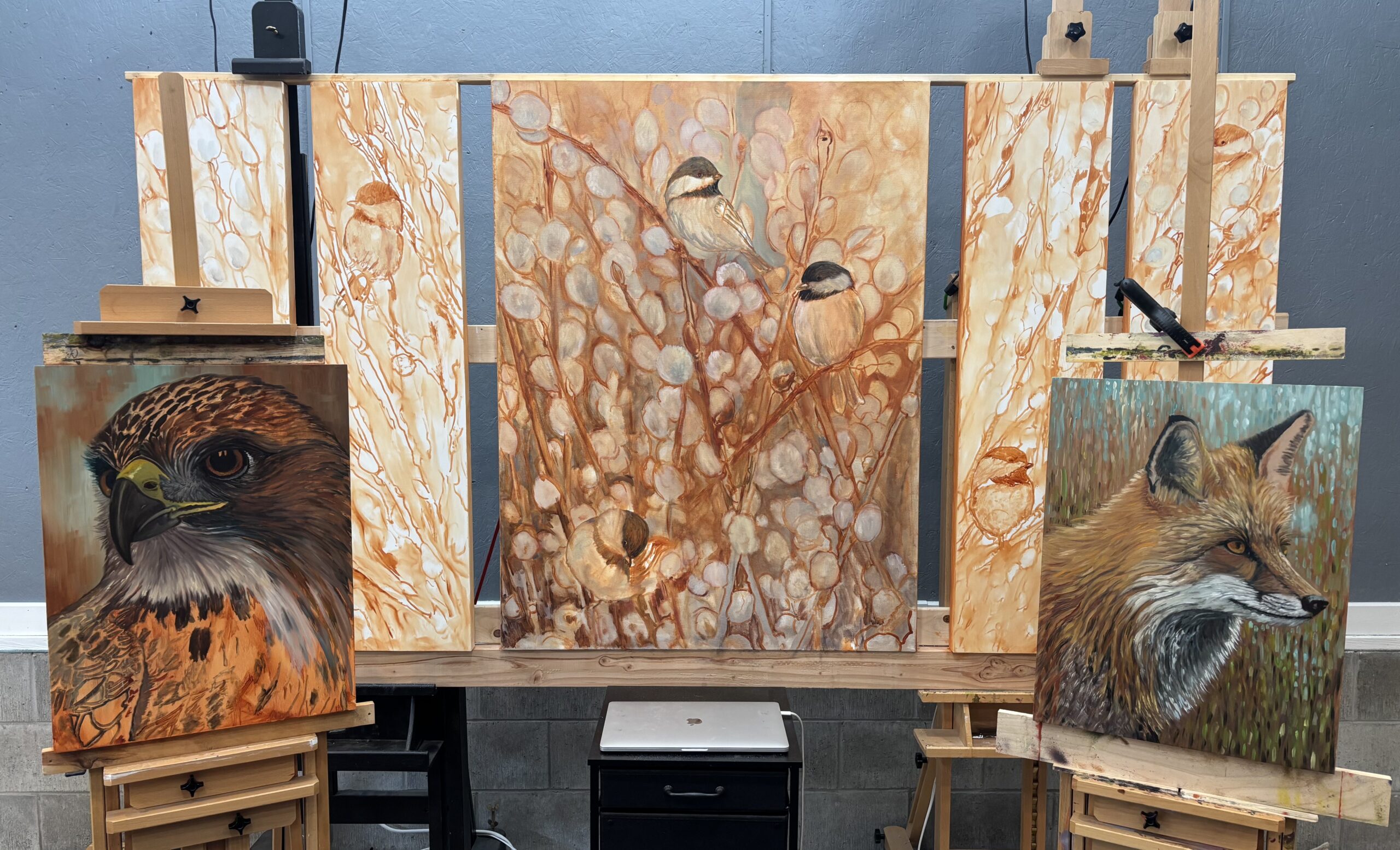 Current works in progress on the easel, May 24, 2026.