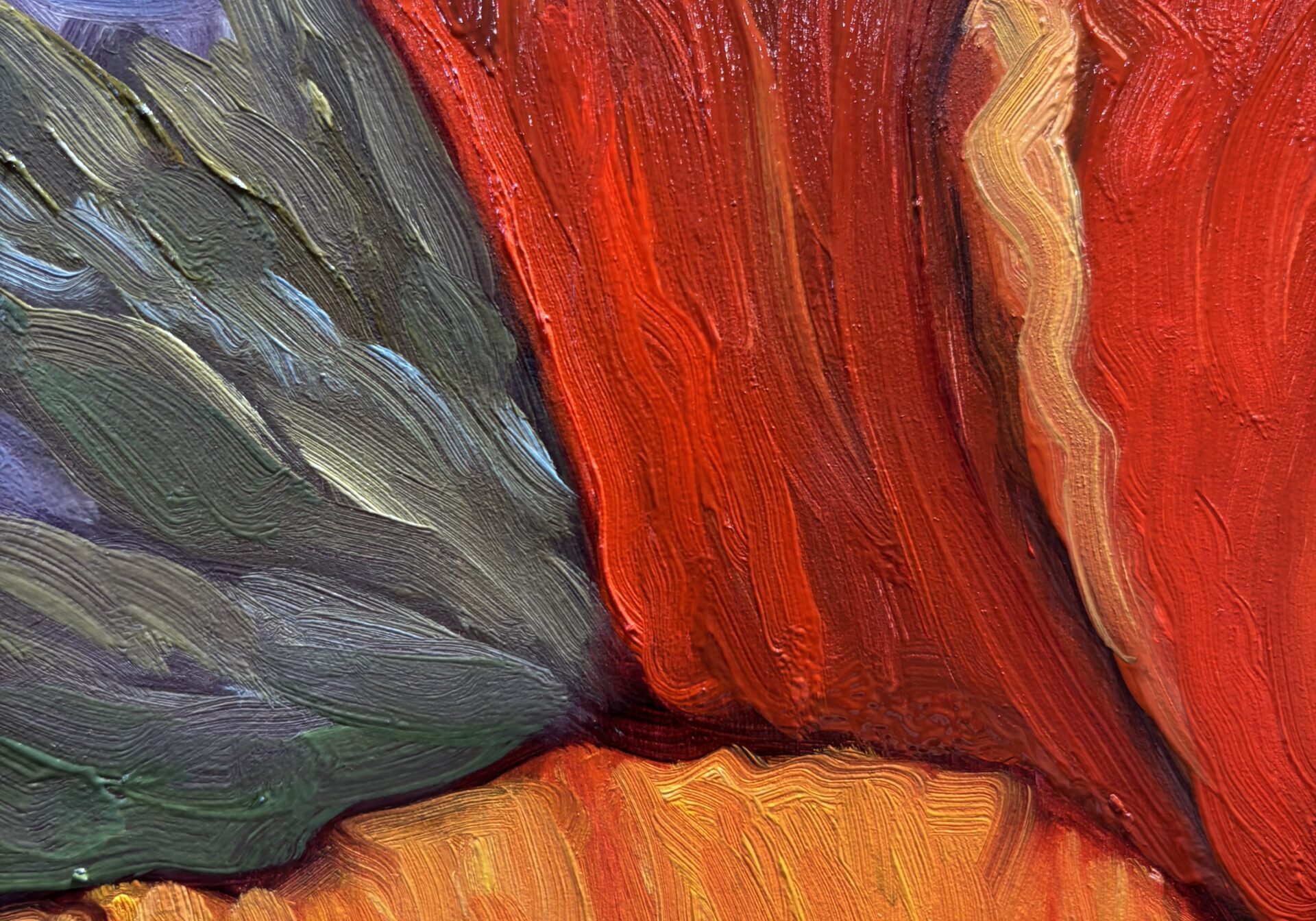 Abstract painting with bold red and orange.